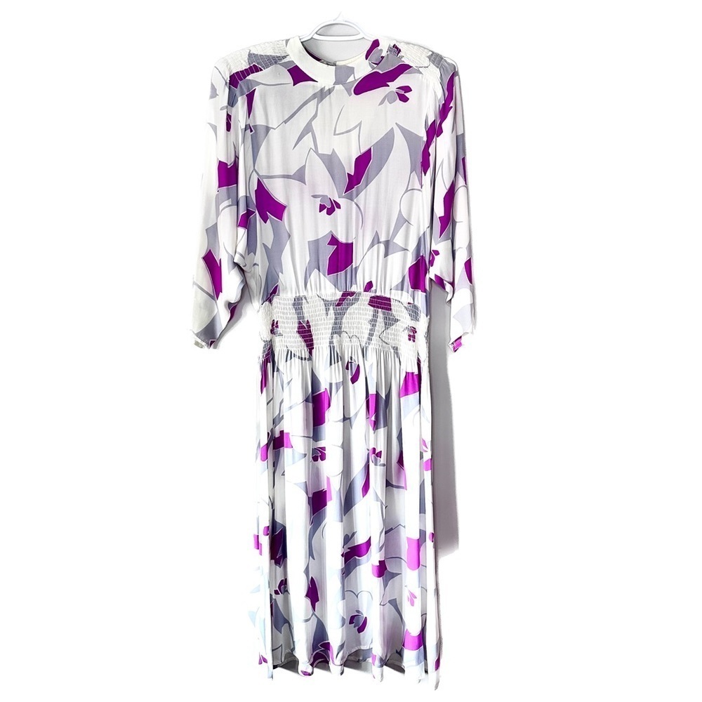 Vintage 80s Tom D’Auria White Floral Smocked Midi Dress Dropped Waist Batwing 6